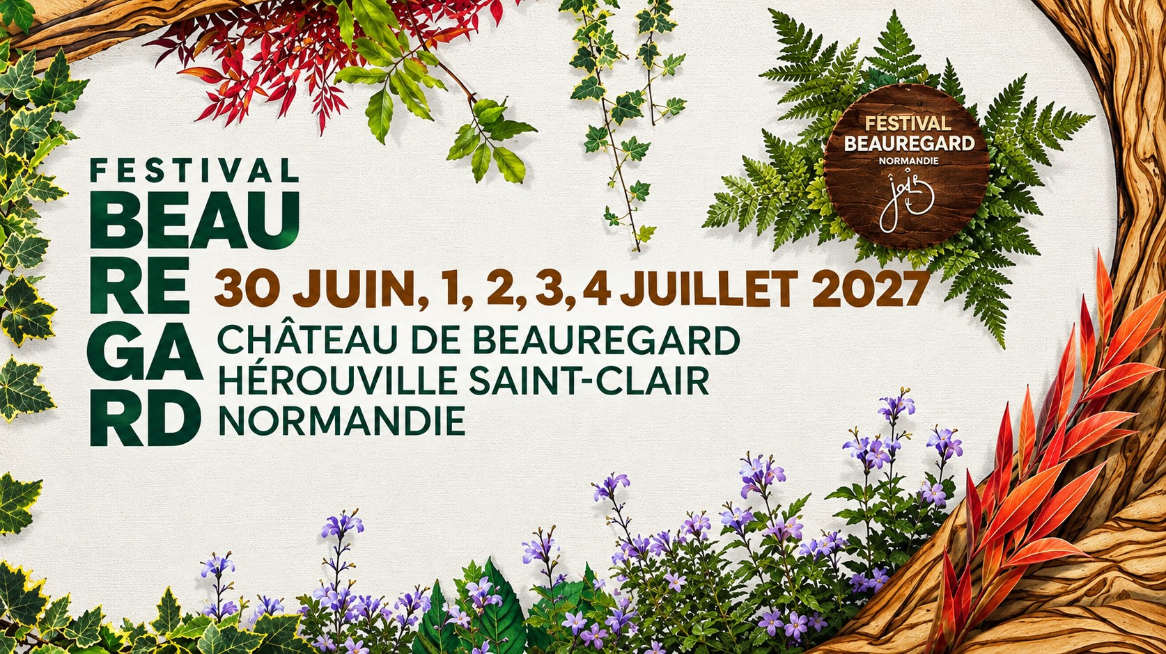 Affiche décorée de feuillages indiquant les dates du 30 juin au 4 juillet 2027 à Hérouville Saint-Clair